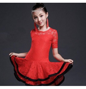 Black red light pink lace material short sleeves fashion girls kids children performance school play latin salsa cha cha dance dresses outfits